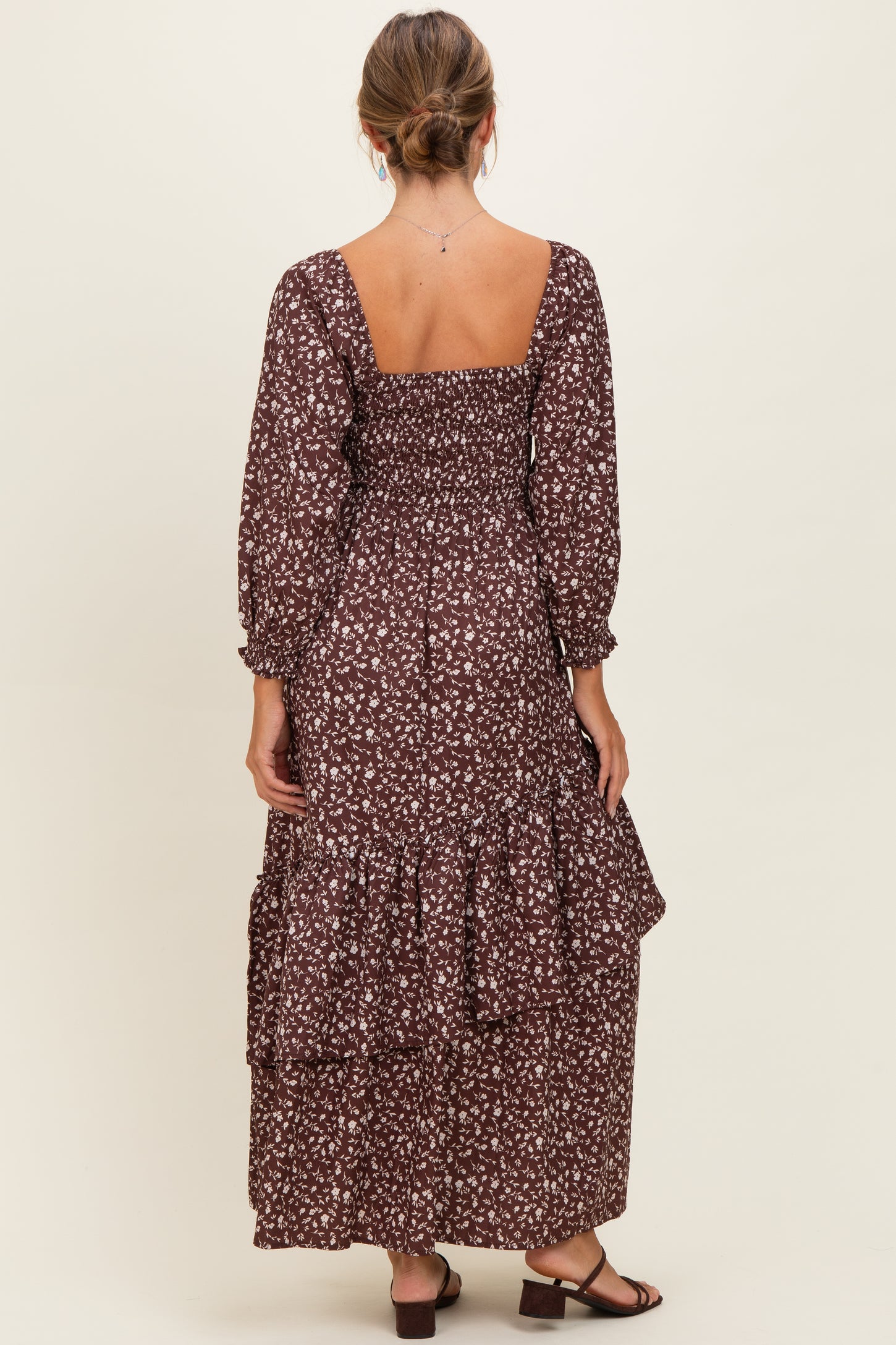 Brown Floral Asymmetrical Ruffle Hem Maxi Dress