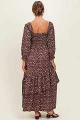 Brown Floral Asymmetrical Ruffle Hem Maxi Dress
