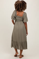 Olive Smocked Cinched Front Maternity Maxi Dress