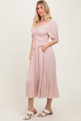 Light Pink Smocked Cinched Front Maxi Dress