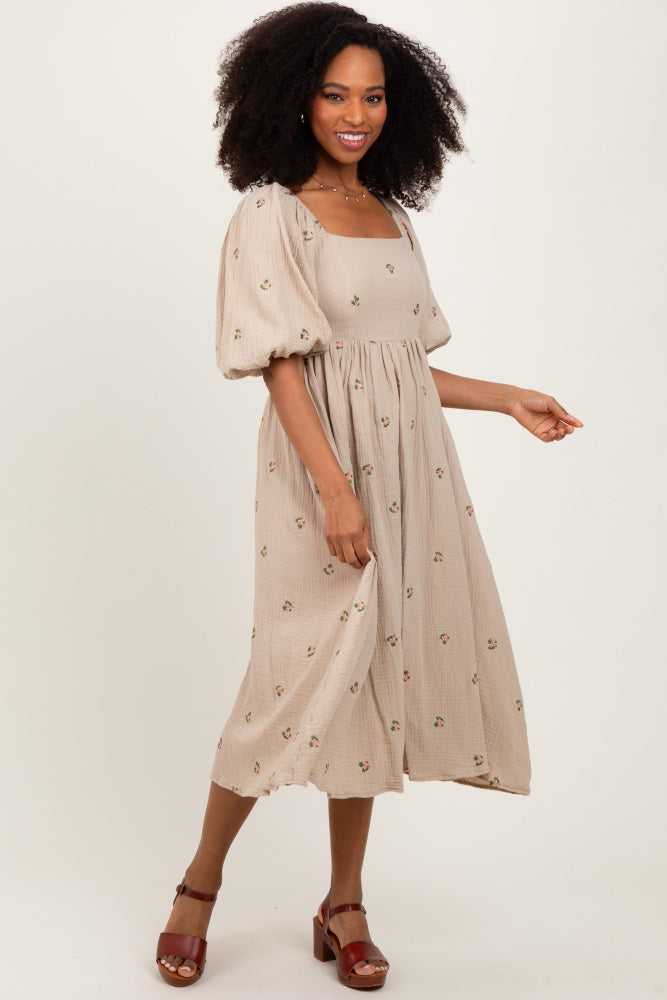 Taupe Floral Maternity Midi Dress