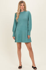 Light Olive Knit Bubble Sleeve Mini Dress