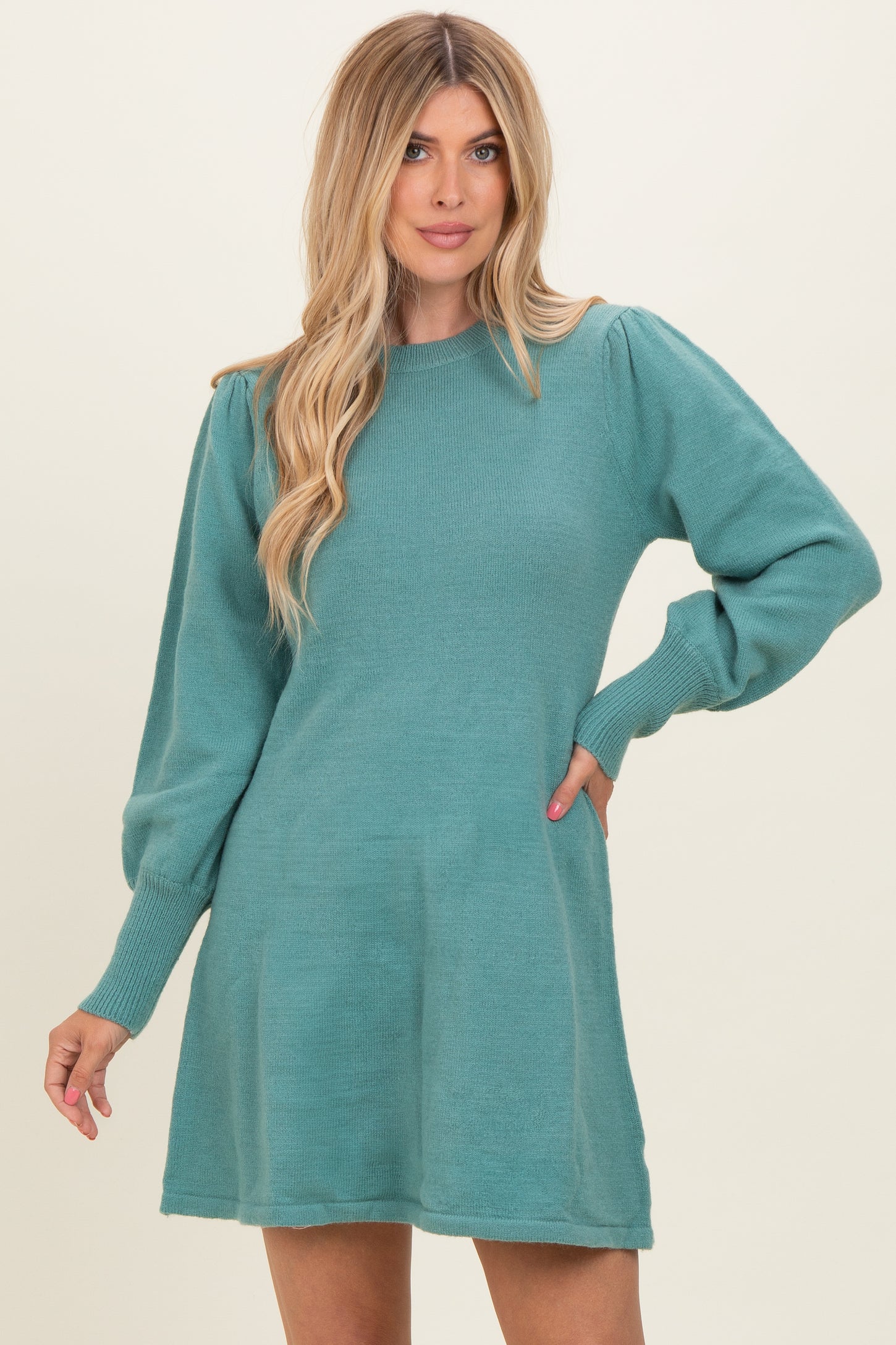 Light Olive Knit Bubble Sleeve Mini Dress