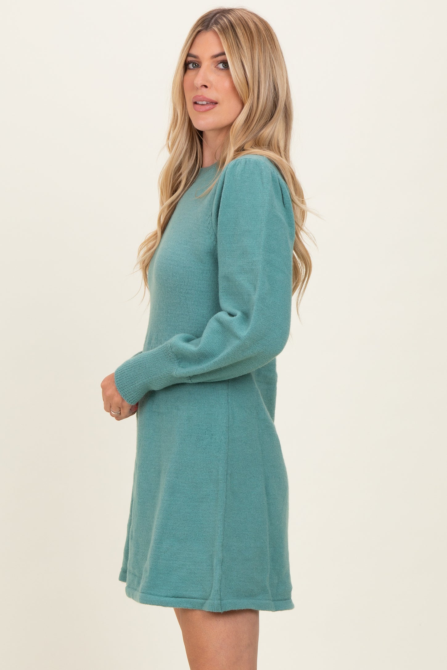 Light Olive Knit Bubble Sleeve Mini Dress