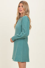 Light Olive Knit Bubble Sleeve Mini Dress