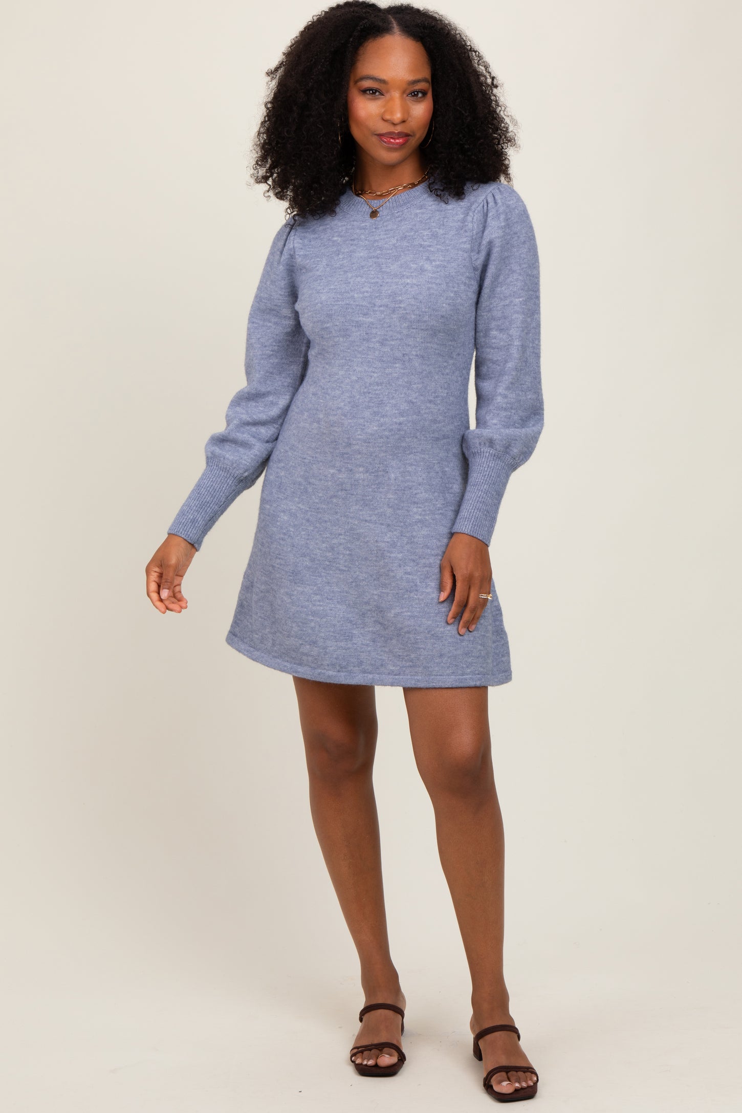 Light Blue Knit Bubble Sleeve Maternity Mini Dress