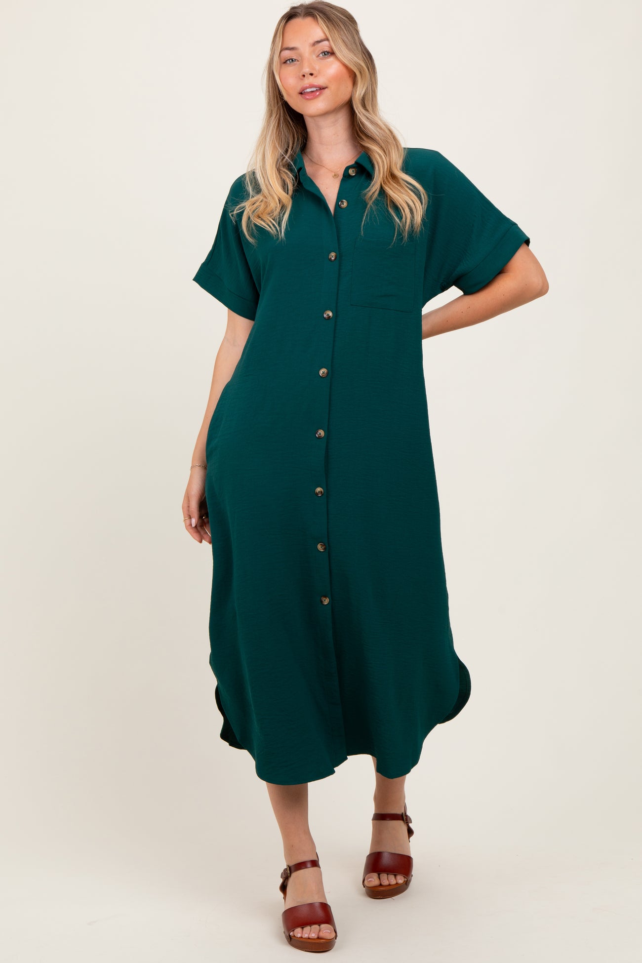 Royal Blue Button Down Front Pocket Midi Dress
