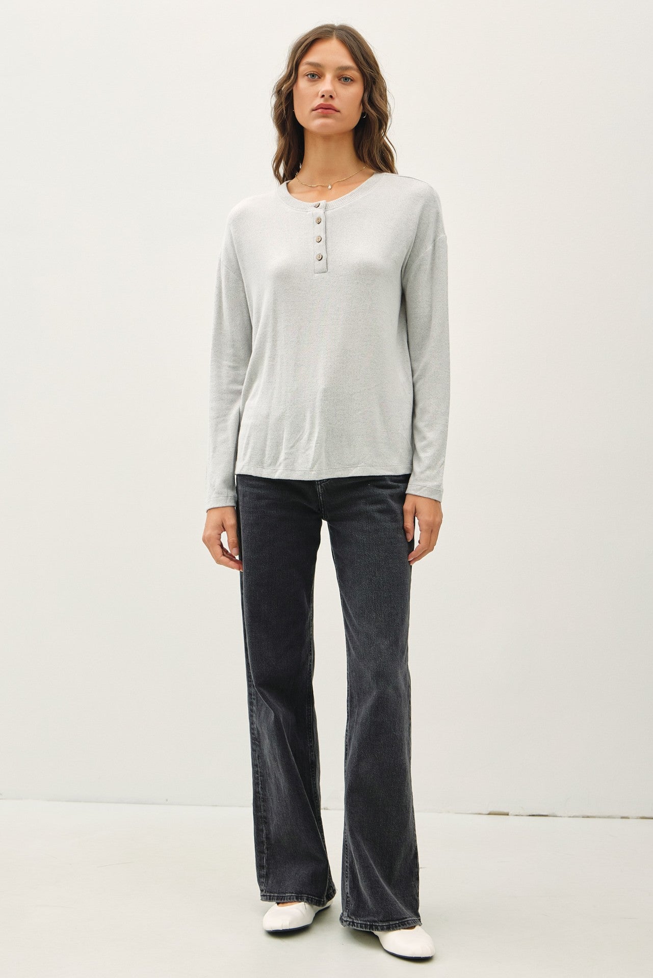 Light Grey Brushed Knit Henley Top