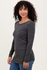 Charcoal Ribbed Scoop Neck Long Sleeve Top