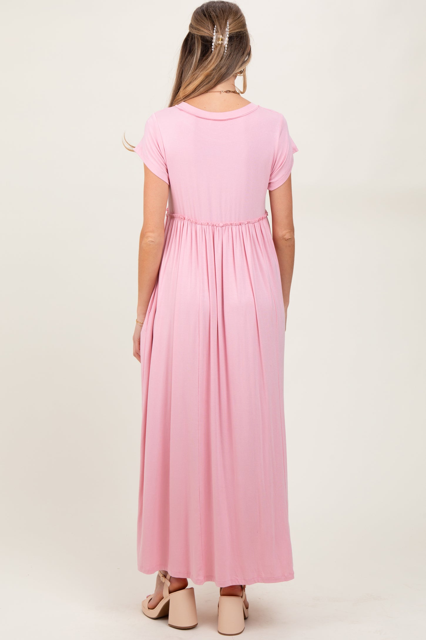 Light Pink Short Sleeve Pocketed Maternity Maxi Dress