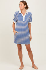 Blue Striped Ribbed Texture Polo Dress