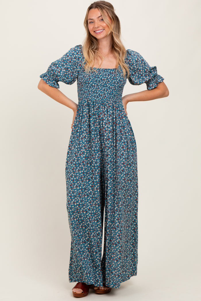 Teal Floral Smocked Puff Sleeve Maternity Jumpsuit