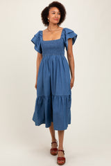 Blue Chambray Smocked Flutter Sleeve Maternity Dress