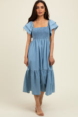 Light Blue Chambray Smocked Flutter Sleeve Dress
