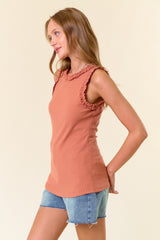 Peach Rib Knit Ruffle Trim Sleeveless Top
