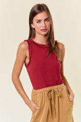 Burgundy Rib Knit Ruffle Trim Sleeveless Top
