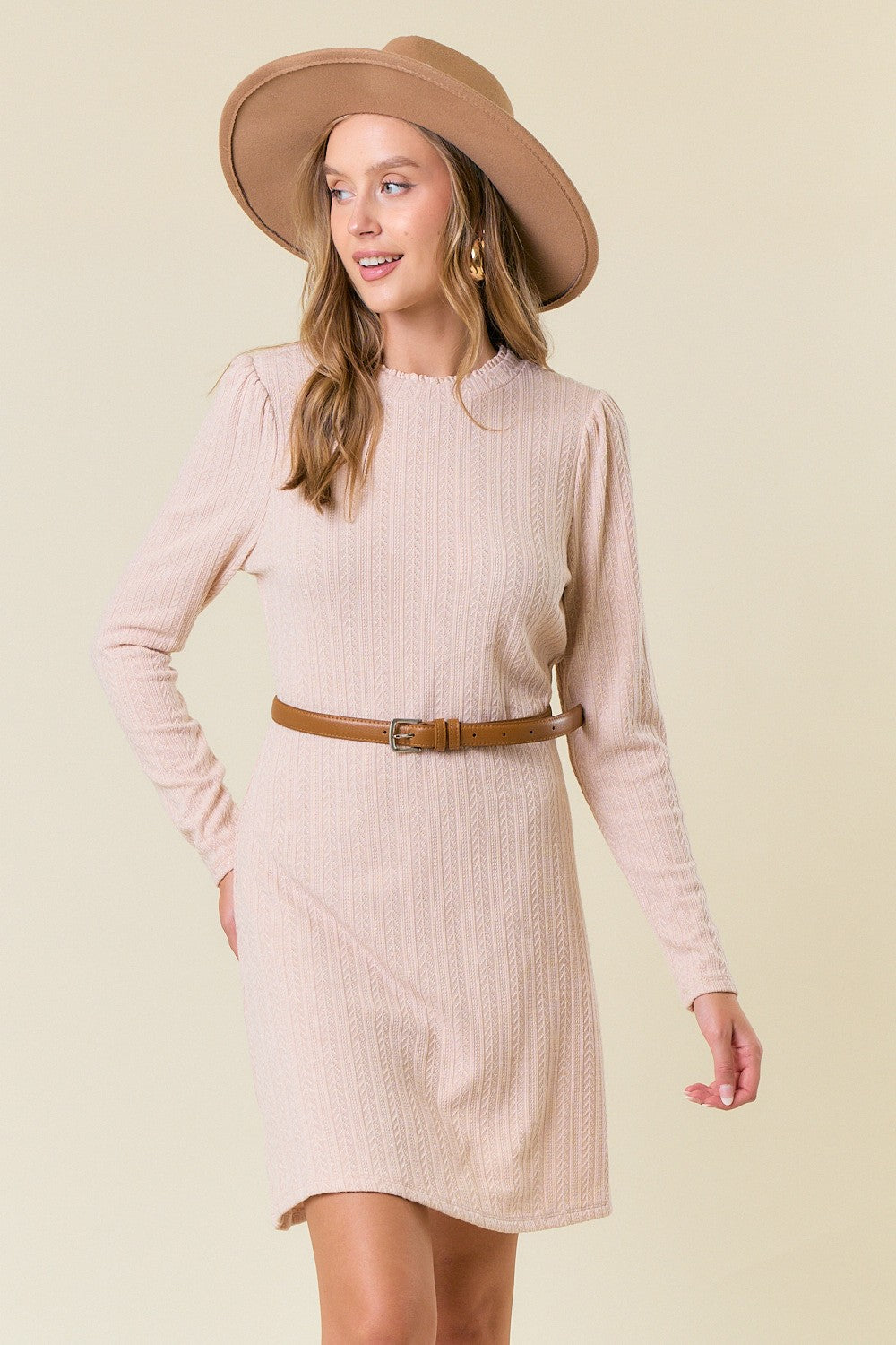Cream Textured Knit Ruffle Neck Long Sleeve Maternity Mini Dress