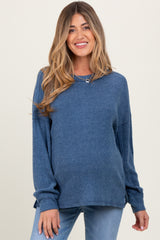 Blue Brushed Ribbed Knit Maternity Pullover
