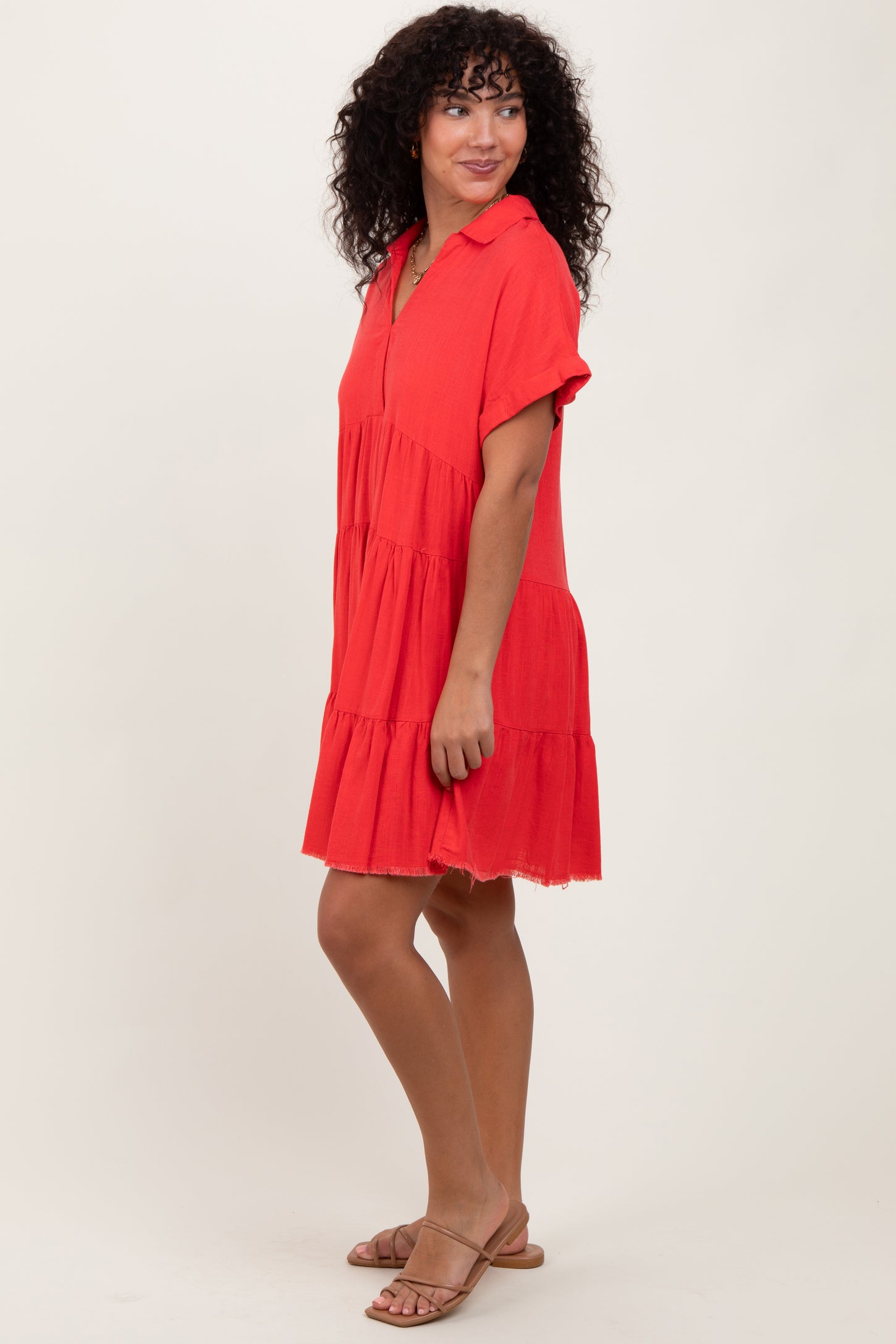 Coral Tiered Linen Dress