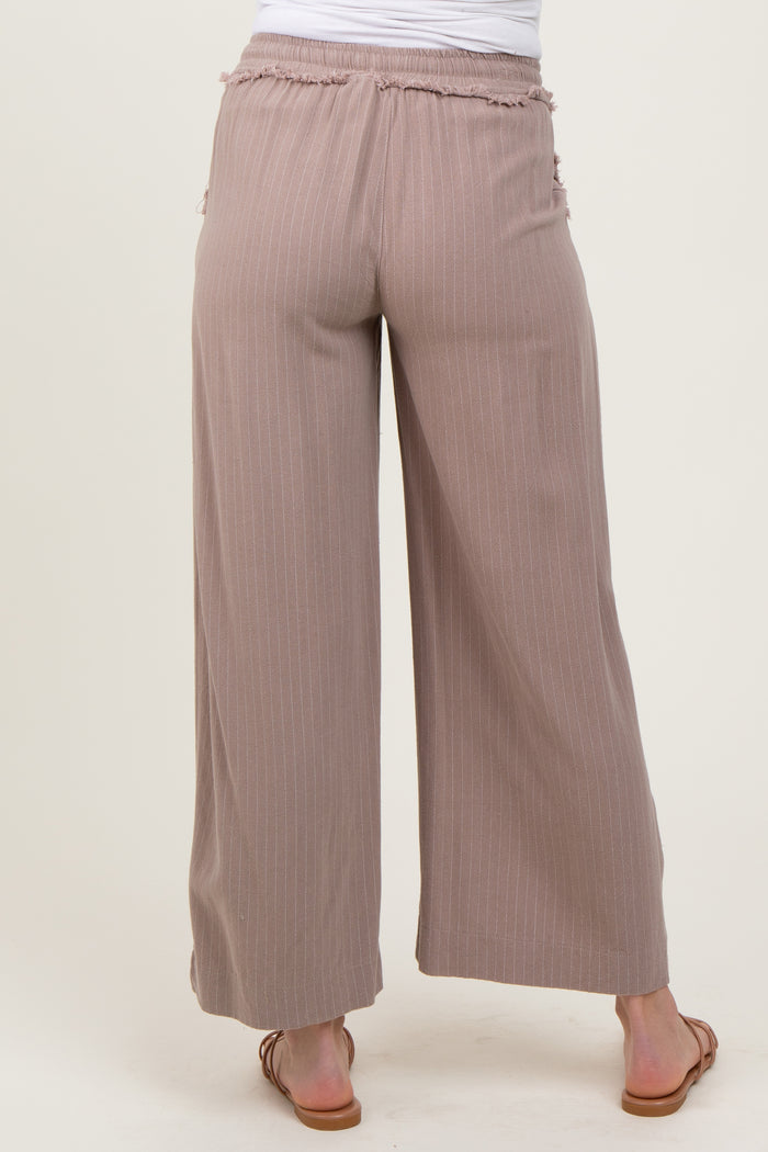 Mocha Striped Drawstring Linen Blend Maternity Wide Leg Pants