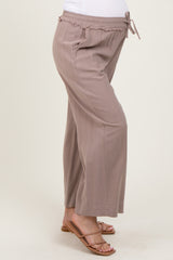 Mocha Striped Drawstring Linen Blend Maternity Wide Leg Pants