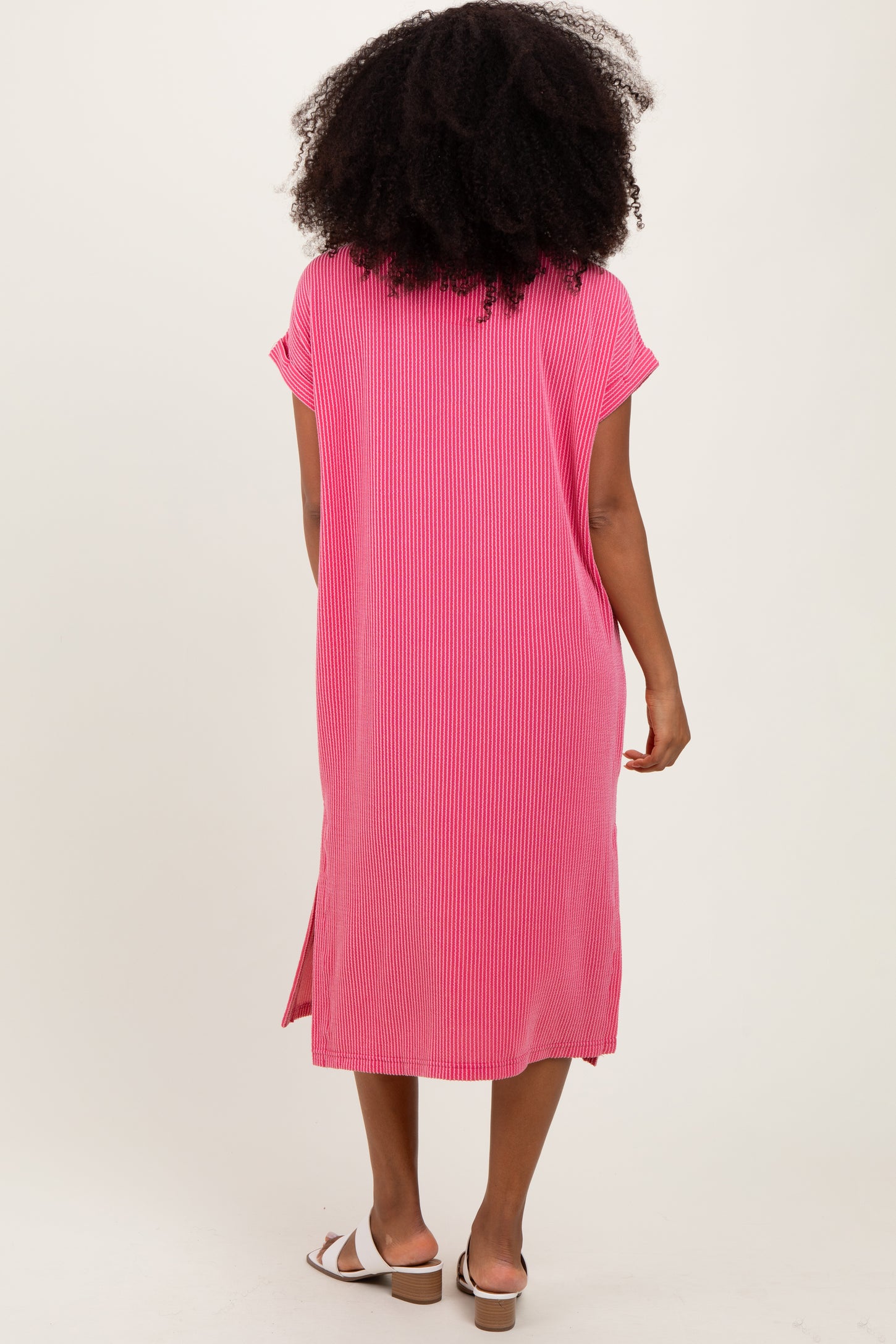 Pink Ribbed Short Sleeve Front Pocket Midi Dress