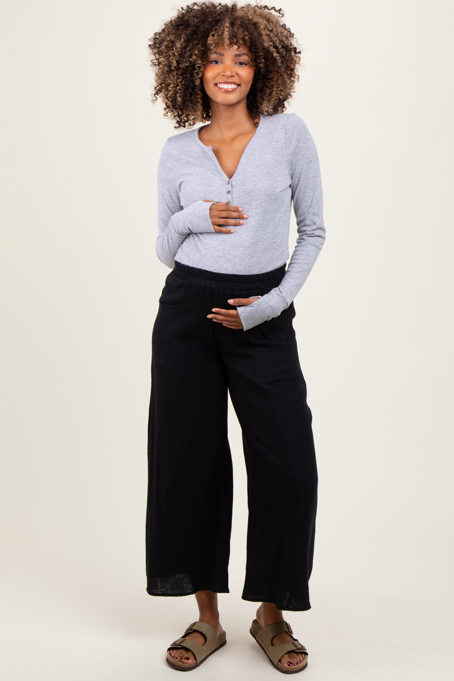 Black Cotton Gauze Wide Leg Maternity Pants
