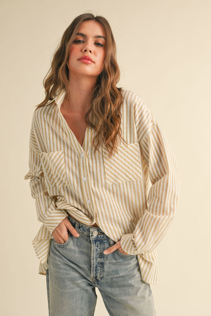 Dark Yellow Striped Double Pocket Maternity Button Down Top