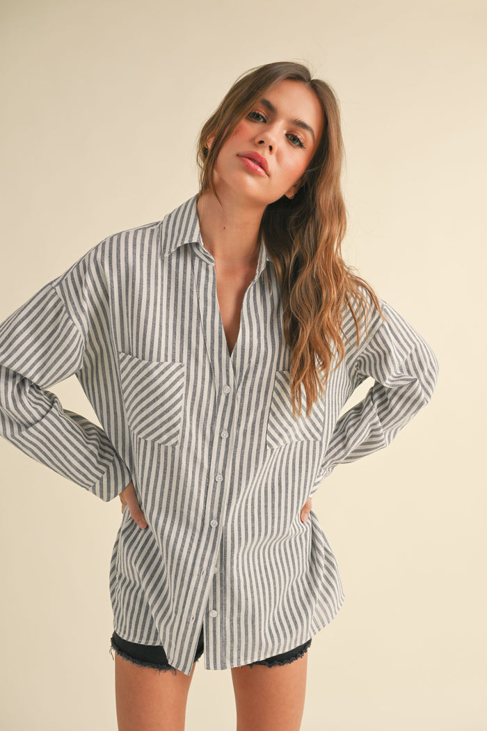 Navy Striped Double Pocket Maternity Button Down Top