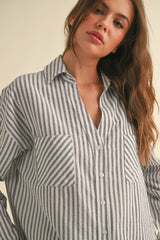 Navy Striped Double Pocket Button Down Top