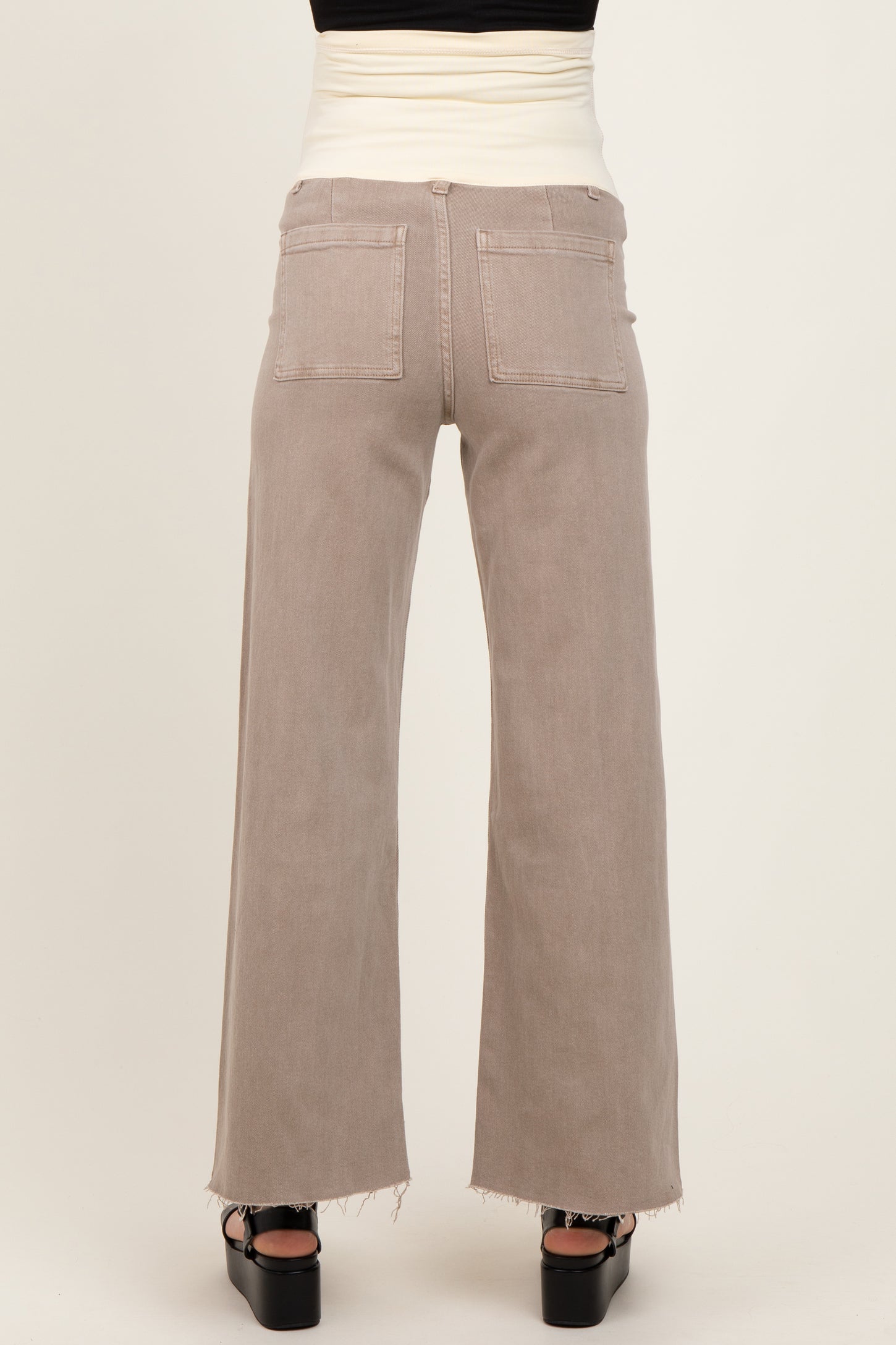 Light Taupe Raw Hem Wide Leg Maternity Jeans