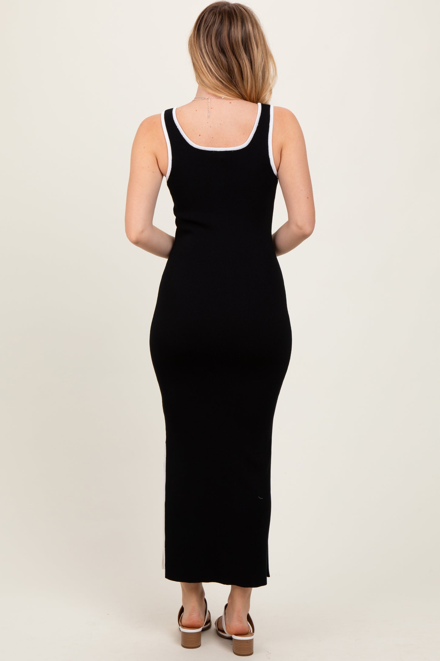 Black Colorblock Trim Knit Side Slit Midi Dress