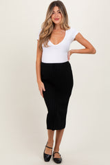Black Ribbed Knit Drawstring Maternity Midi Skirt