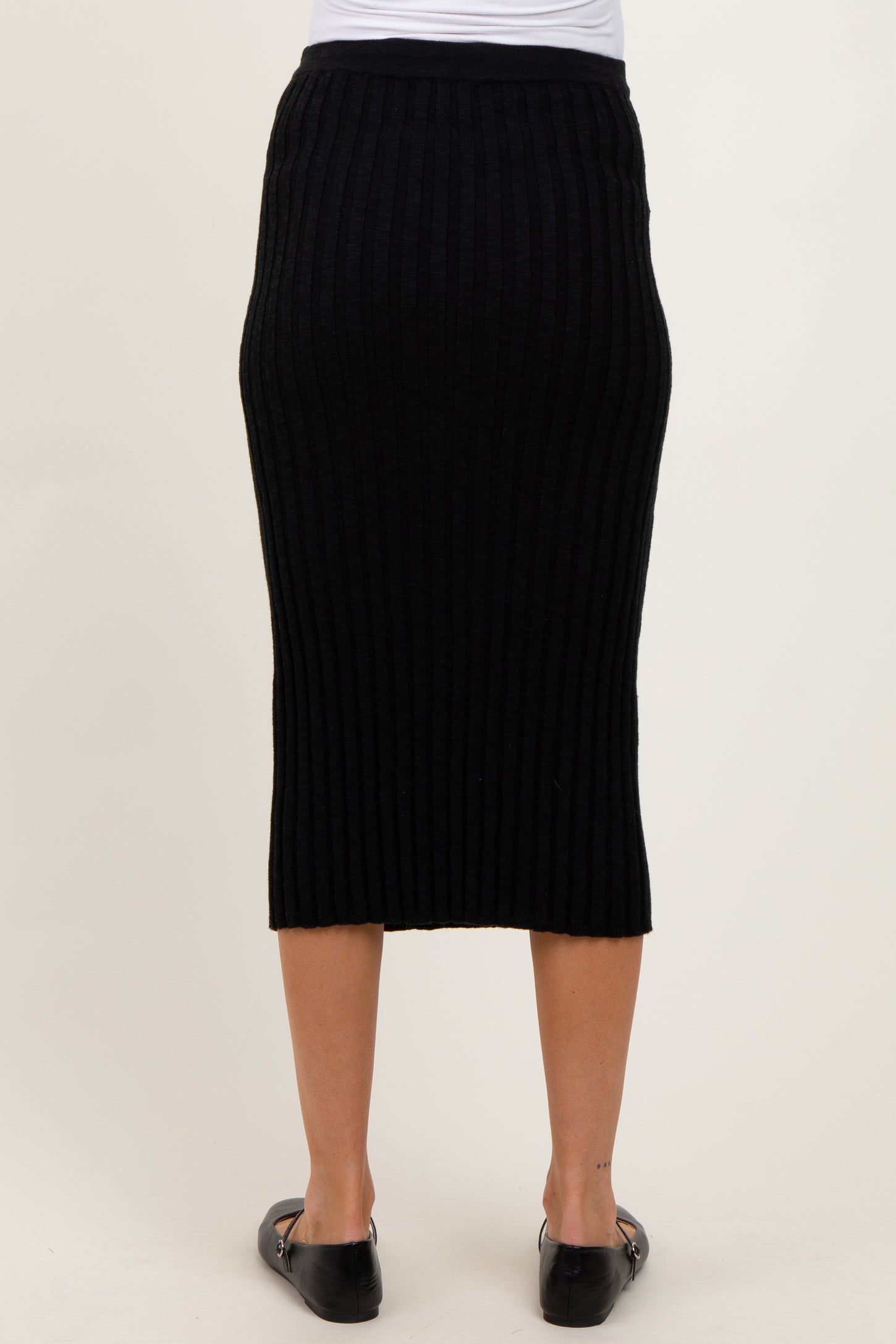 Black Ribbed Knit Drawstring Maternity Midi Skirt