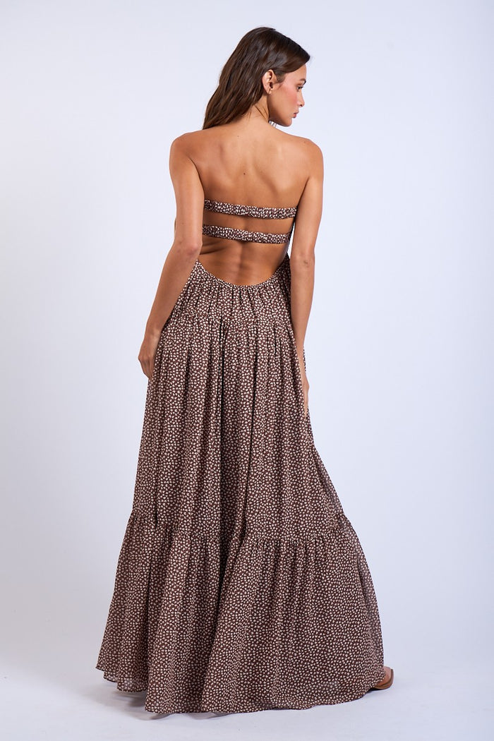 Brown Heart Print Twist Front Open Back Maxi Dress