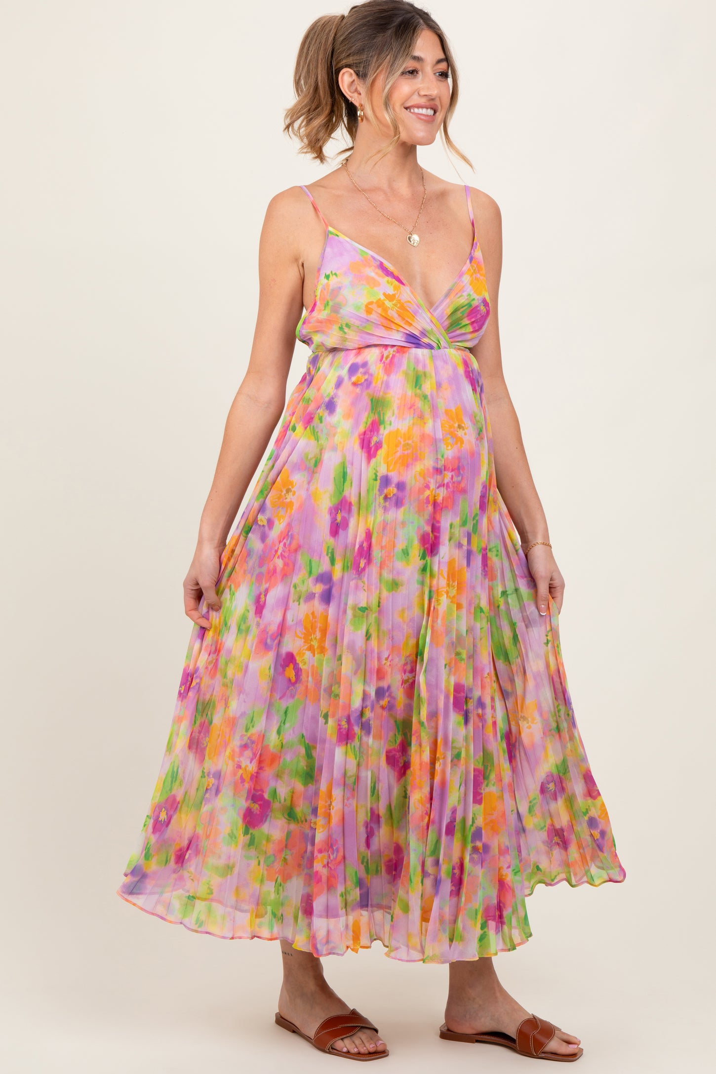 Lilac Floral Pleated Open Back Maternity Maxi Dress