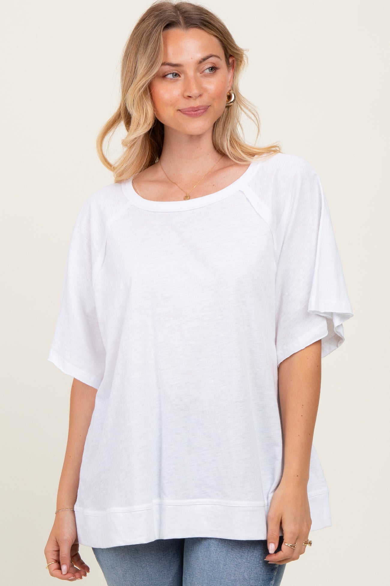 White Oversized Raw Hem Short Sleeve Tee