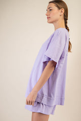 Lavender Oversized Raw Hem Short Sleeve Tee