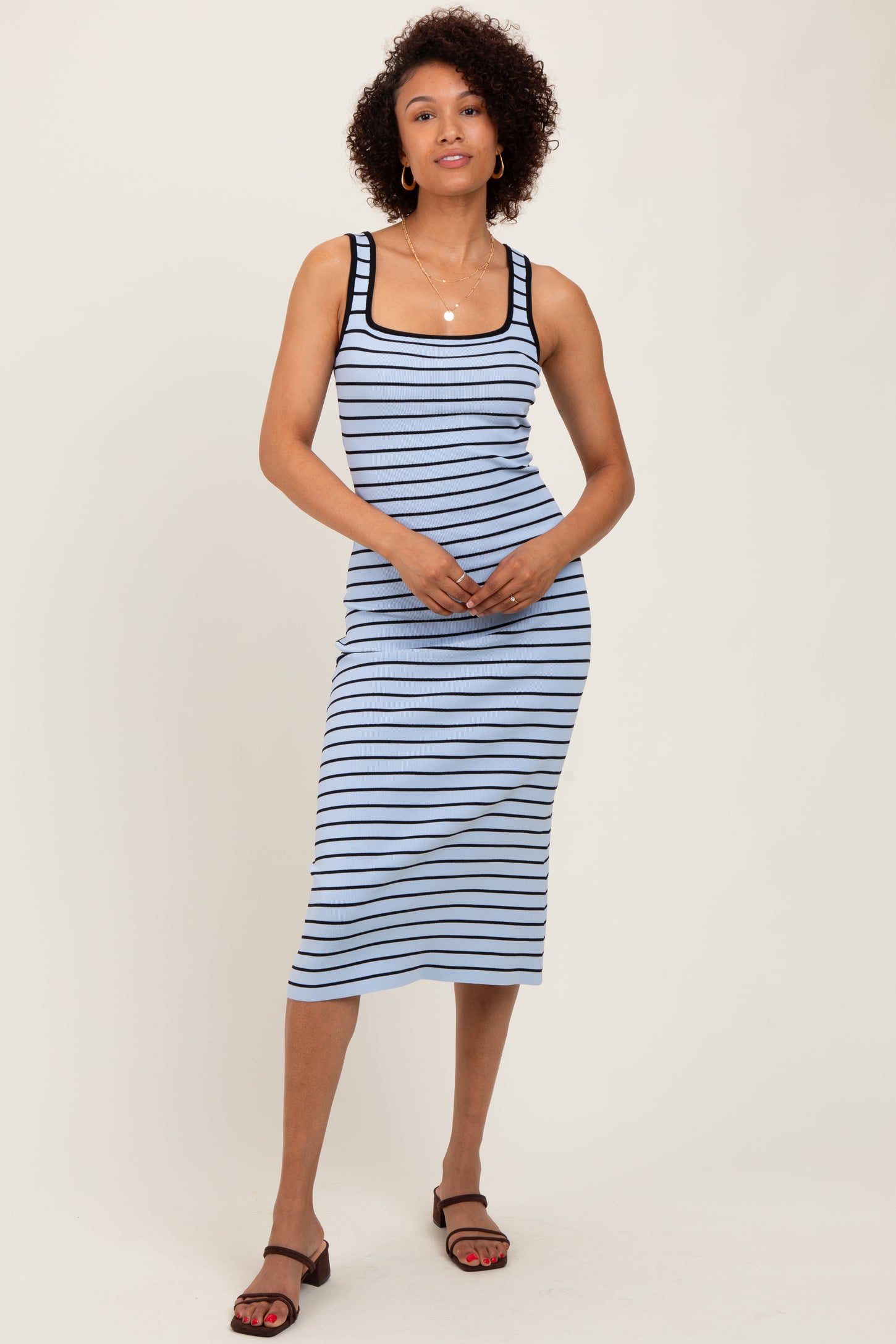 Light Blue Striped Knit Square Neck Midi Dress