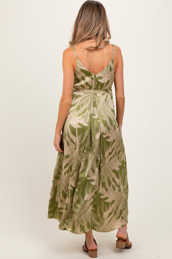 Lime Green Leaf Print Sash Tie Maternity Midi Dress