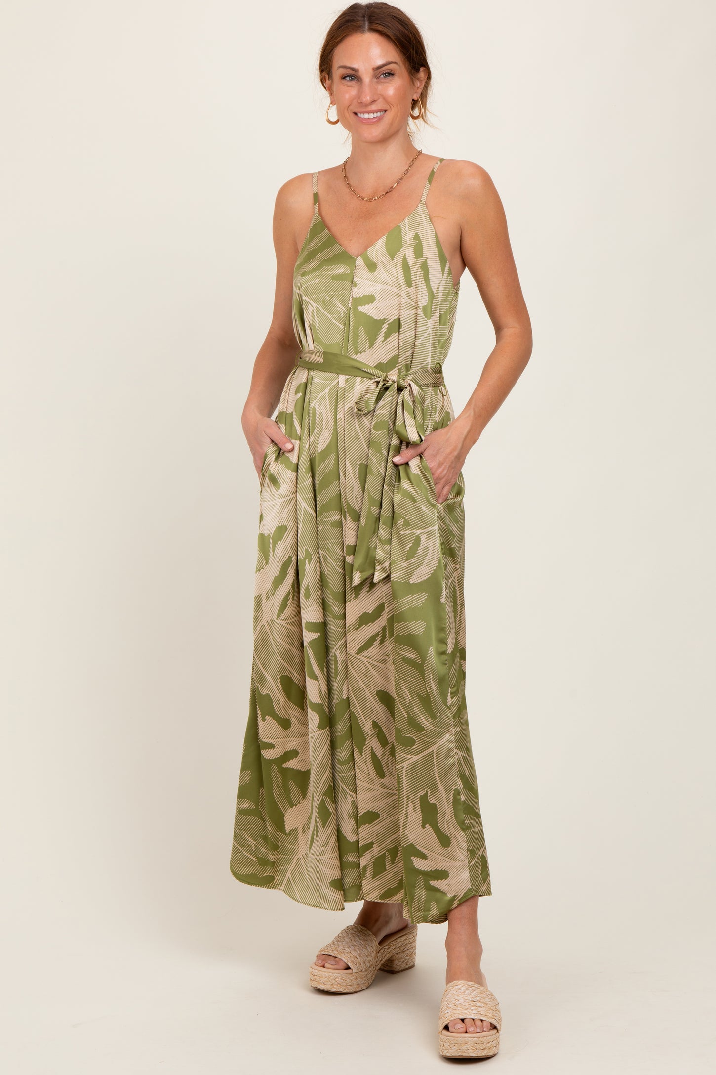 Lime Green Leaf Print Sash Tie Maternity Midi Dress
