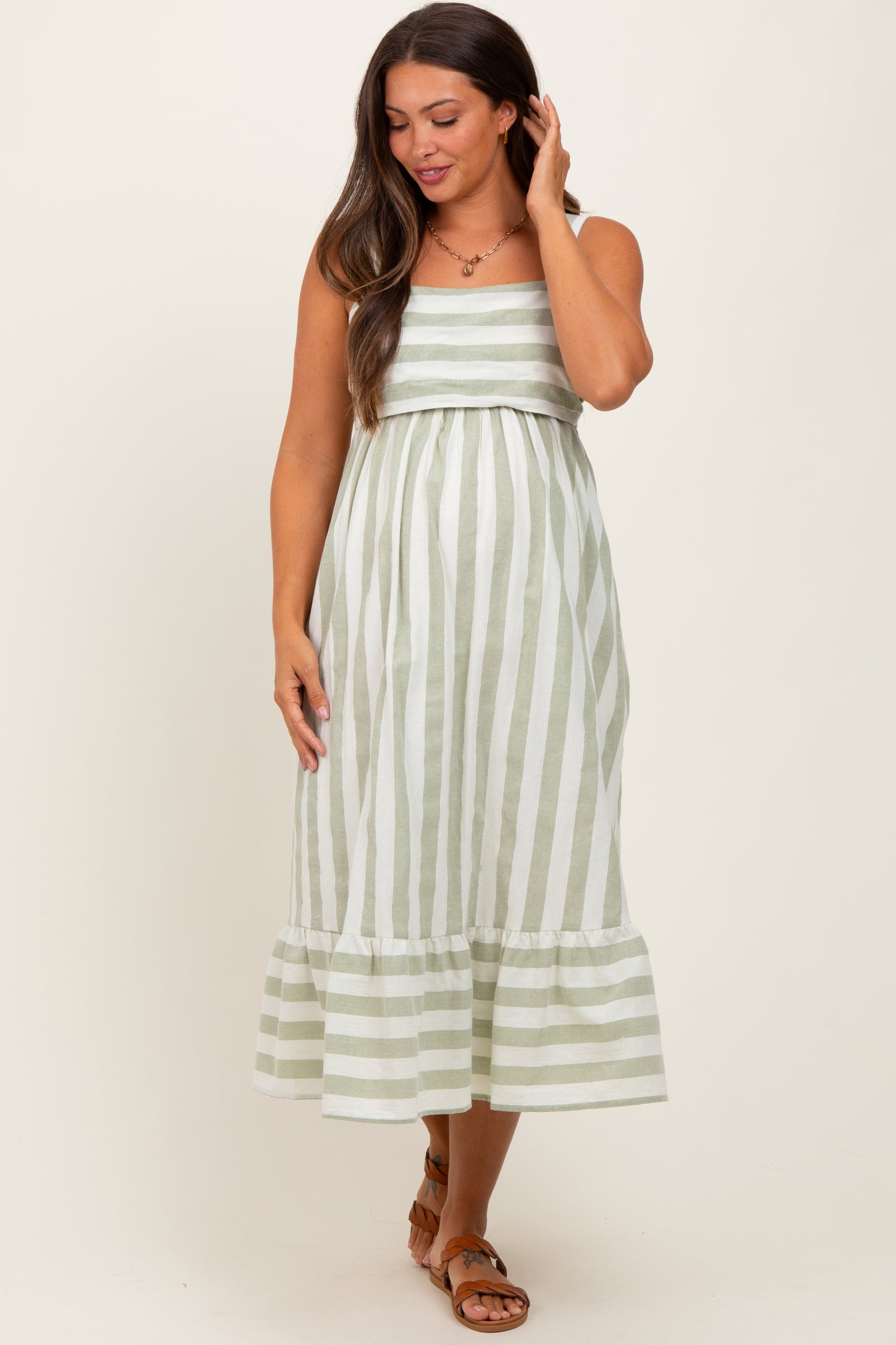Sage Stripe Back Ribbon Tie Maternity Midi Dress