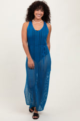 Blue Crochet V-Neck Side Slit Cover Up