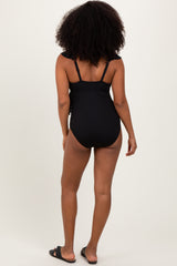 Black Rib Ruffle V Neck Side Tie Knot Swimsuit