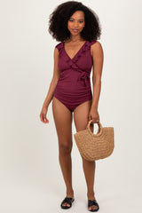 Burgundy Rib Ruffle V Neck Side Tie Knot Maternity Swimsuit