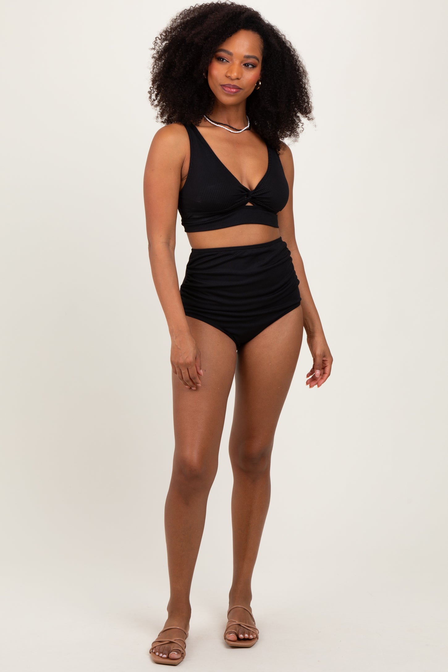 Black Ribbed Twist Cutout Front Swim Set