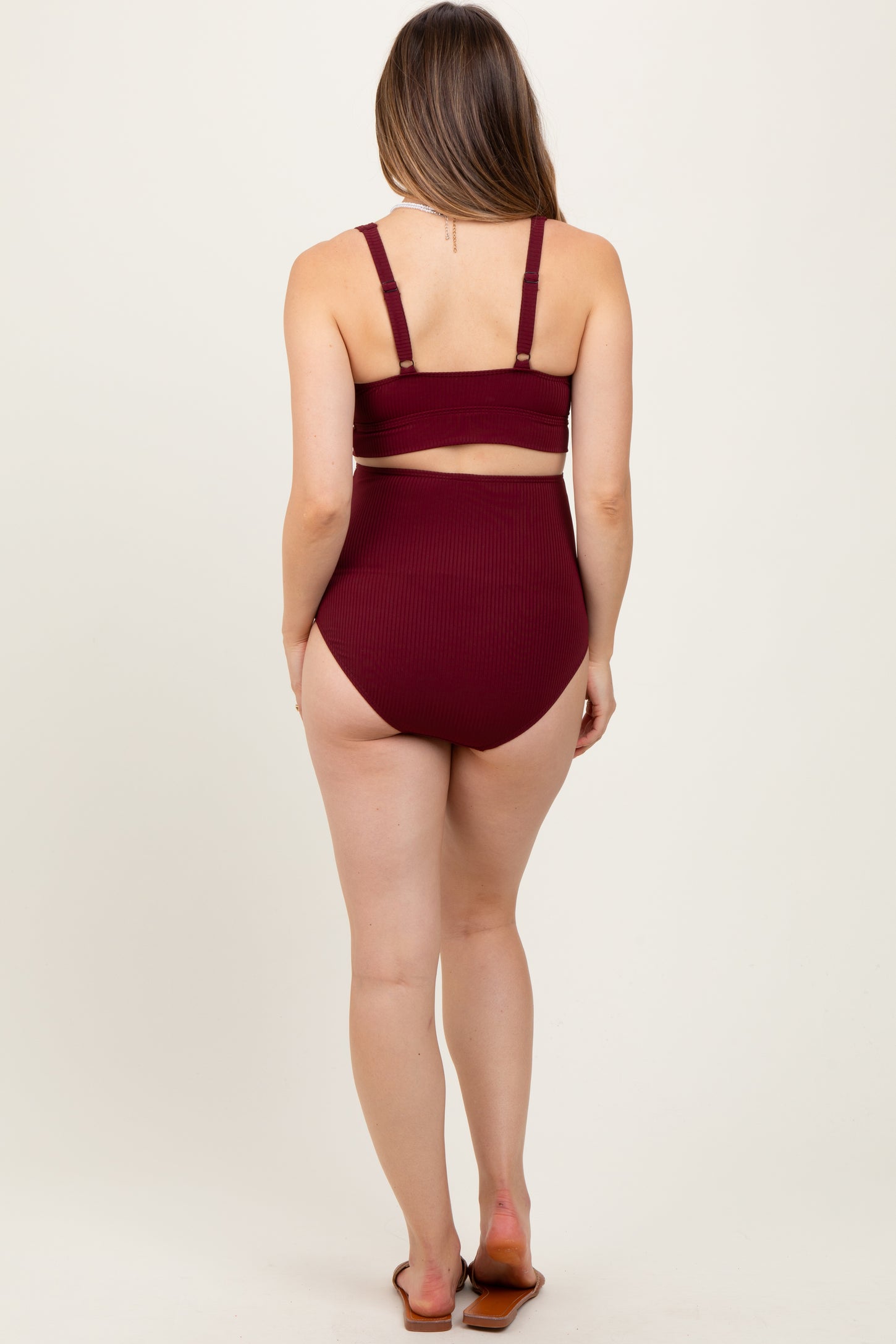 Burgundy Ribbed Twist Cutout Front Maternity Swim Set