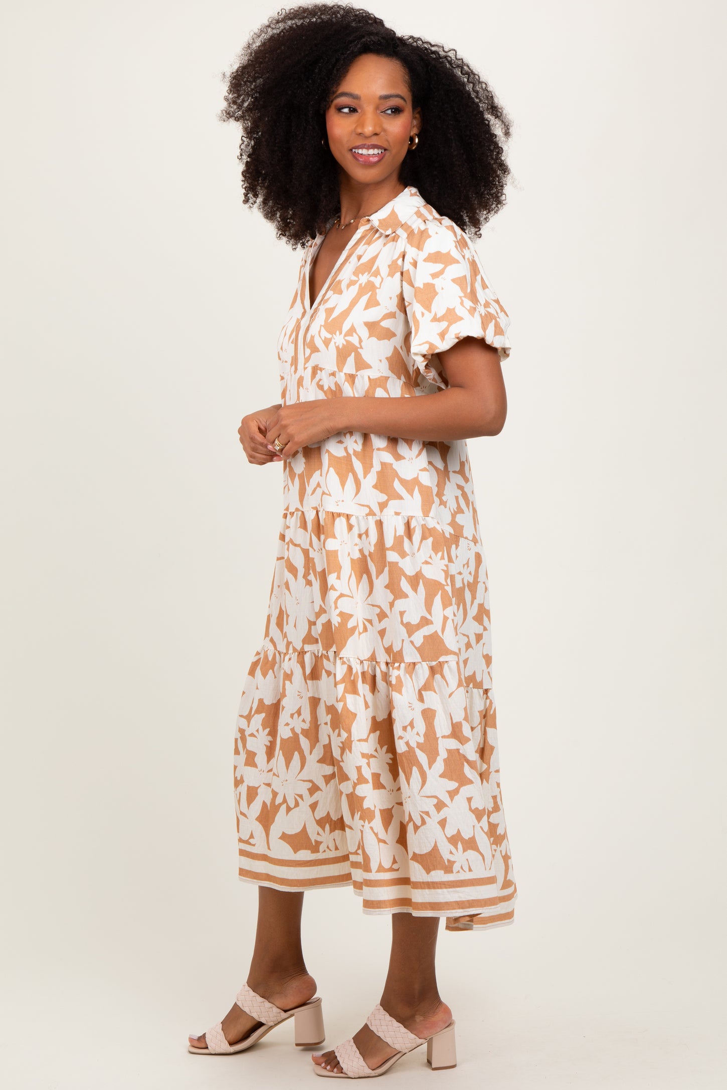 Mocha Botanical Print A Line Tiered Dress
