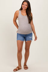 Blue High Rise Distressed Maternity Shorts