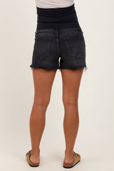 Black High Rise Side Slit Maternity Denim Shorts